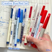 6 Pcs Creative Soft Tip Pens Calligraphy Marker Pens Multiple Tip Types Fine Line Drawing Pens Blue and Red Two Sets