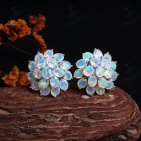 Luxury 8.3ct Natural Opal Clasp Earrings with Flower Design 925 Sterling Silver Real Gemstones Quality Jewelry for Women Party B