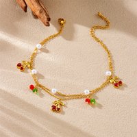 316L Stainless Steel Double Layered Cherry Pearl Anklet For Women Lady Fashion Gold Color Chain Summer Beach Aesthetic Jewelry