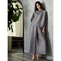 YUDX Miyake Pleated New Women's Fashion Clothing Set, Stand Up Collar Bat Sleeve Top, Wide Leg Pants Two-piece Set