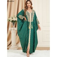 Muslim Dresses Women Elegant Long Robe Middle East Dubai Loose Abaya Bat Sleeve V-neck Tassel Evening Dress Femme Party Vestidos