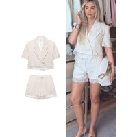 TFMLN Summer New Women Shorts Set Fashion Lace Stitching Solid Lapel Short Sleeve Crop Suit Coat+High Waist Zipper Casual Shorts