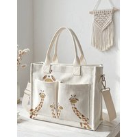 Cute Giraffe Print Beige Corduroy Tote Bag Large Capacity Multi Pocket Commuter Shoulder Bag
