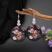 Black Round Acrylic 3D Print Vintage Earrings Flower And Opal Stone Women's Elegant Jewelry Valentine's Day Gifts Daily Wear