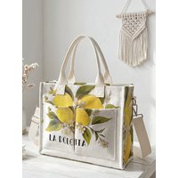 Lemon Print Corduroy Tote Bag Large Capacity Multi Pocket Commuter Shoulder Bag