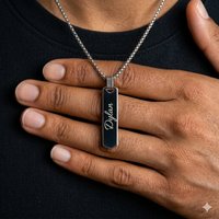 Free Engraving Necklaces for Men, Bold Stainless Steel Vertical Bar Geometric Pendant Box Chain, Custom Gift to Dad Husband BF