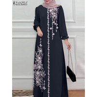 Women Stylish Floral Printed Maxi Dress Muslim Abaya ZANZEA Eid Mubarak Robe Elegant Long Sleeve Casual Vestidos Kaftan IsIamic