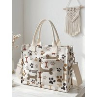 Dog Paw & Bone Print Beige Corduroy Tote Bag Large Capacity Multi Pocket Commuter Shoulder Bag