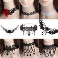 Sexy Neck Chain Steampunk Style Collar Chocker Gemstone Pendant Black Lace Gothic Necklace