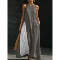 New European & American Summer Color-block Sleeveless Dress, Casual Fashion Loose Off-shoulder Maxi Dress with Pockets for Women