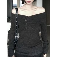 Korean Style Dark Gray Off Shoulder Pullovers Aesthetic Chic Long Sleeve Warm Sweater Women New Autumn Winter Casual Knitted Top