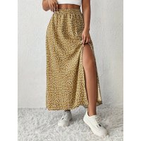Casual Floral Print Split Half Skirt Women's mid Waist A-Line Skirt Polyester Fabric Summer Season Elastic Waist Dress