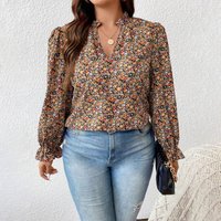 Plus Size Women's Shirt, Flower Print V Neck Long-Sleeved Top, Loose Fit, Elegant Design, Fabric Soft, Vacation Casual Shirt
