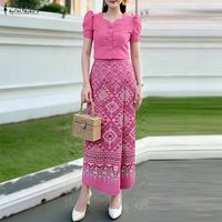 ZANZEA 2PCS Summer Outfits Women Dress Sets Square Neck Short Sleeve Cropped Tops Printed Skirt Suit 2 Pieces Sets Ethnic Style