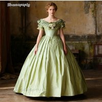 1860s Historical Prom Dress Civil War Lace Short Sleeves Sage Satin Ball Gown Vintage Victorian Evening Gown Customized
