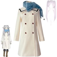Anime Frieren: Beyond Journey's End Frieren Cosplay Costume Winter White Woolen Coat Overcoat Scarf Wig Woman Cute Christmas Set
