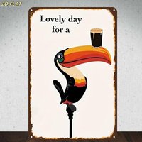 Vintage "Lovely Day for a Beer" Metal Sign, Flat Printed Toucan & Stout Art, Distressed Rustic Wall Decor for Bar & Man Cave