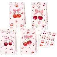 A pack of 12 cherry party gift bags, pink paper gift bags with adhesive labels, summer fruit party, birthday party supplies