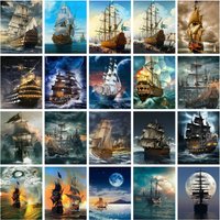 AZQSD Full Kits Diamond Painting Sailboat Landscape Handmade Needlework Wall Decor Gift Embroidery Scenery Sea Night