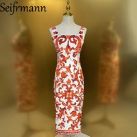 Seifrmann Casual Printed Silk Vest Dress Square Neck Sleeveless Waist Slim Dress 2026 Summer Women's New Style