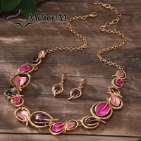MeiceM Jewelry Sets Zinc Alloy Enamel Pink Leaf Shape Elegant Style Necklace and Earrings Fashion Women's Jewelry Set for Women
