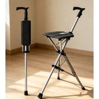 Foldable Cane Seat, 110KG Bearing Aluminum Alloy Adjustable Walking Stick Chair, Portable Elderly Crutch Stool