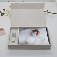 Linen Photo Print Box With USB Flash Drive Slot Photographer Gift Custom Logo on Cover Wedding Gift