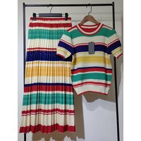 Retrowomen's spring/summer new two-piece striped knit Joker Top+elastic waist and white skirt swing overskirt fashion suit