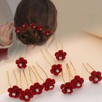 10Pcs Rose Hair Accessories Wedding Bride Hairpins Flower Hair Clips Red Velvet Clips For Women Elegant Pin Diamond Barrettes
