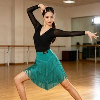 Women Latin Dance Tassel Dress with Sheer Mesh Top, Fringe Skirt Outfit for Competition & Stage Performance Line Dance Clothing