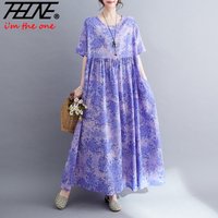 THHONE Robe Plus Size 100KG Summer Dress Women Floral Loose Vestidos Para Mujer Casual Maxi Print Cotton Linen Oversized BOHO