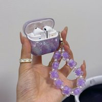 For Samsung Galaxy Buds3 / Buds 3 Pro Case Purple Shell Pattern Protective Sleeve Cover with Flower Keyring Accessories