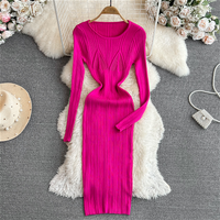 Long Sleeve Knitted Dresses for Women Party Robe Female Autumn Retro O-neck Bodycon Sweater Dress Korean Slim Strecth Vestido
