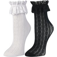 RMSWEETYIL 2 Pairs Lace Ruffle Frilly Tulle Ankle Socks for Women Black White Cute Fancy Sexy Kawaii Lolita Goth Lettuce Socks