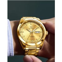 OLEVS 7090 Dual Calendar Man Watch Luxury Men's Automatic Mechanical Watches Steel Strap Simple Business Men's Dress Wristwatch