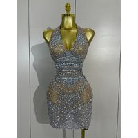 Women Sexy Sparkly Rhinestone Backless Mesh See Through Mini Dress Luxury Birthday Celebrate Party Club PhotoShoot Stage Wear