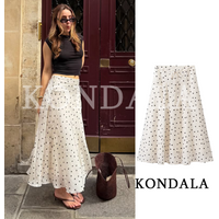 Women's Trendy Elegant Lace-up Midi Skirt KONDALA 2026 Summer Holiday Street Style Polka Dot Skirt Female Leisure Fashion Skirts