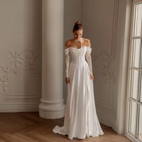 MCDV Vintage Civil Chiffon Off Shoulder Wedding Dress Long Lace Sleeves A Line Bridal Gown Customized hochzeitskleid schlicht