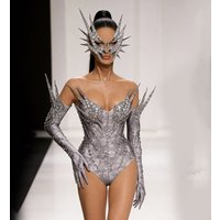 SSilver Spiky Rhinestone Corset Bodysuit Crystal Thorn Mask Women Stage Masquerade Costume Drag Queen Bar Gogo Dancer Outfit Rav
