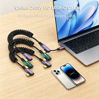 240W PD Coiled Spring Type-C Cable 90 Degree Elbow Retractable Fast Charging Cord for Car Gaming Phone Laptop