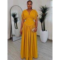 Women Gold Elegant Dresses Evening Gown Deep V Neck Ladies Casual Dresses with Sleeves Summer Corset Waist Boho Maxi Dress