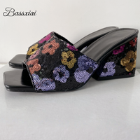Colorful Bling Sequined Cloth Summer Mules Block Heel Square Open Toe Slingbacks Slip-on Sandals Women