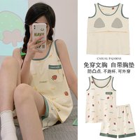 Summer Pyjamas Chest Pad Women 100% Cotton Vest Pajamas Set Casual Soft M-4XL Ladies Sleepwear Home Clothing