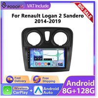 Podofo 9" 2DIN Android Car Radio Wireless CarPlay Auto Intelligent Stereo For Renault Logan 2 Sandero 2012-2019 Car Multimedia Player GPS 4G WIFI Support SWC BT FM RDS Subwoofer Amplifier Rear Camera