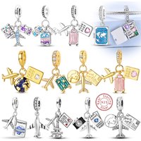 Original Charms 925 Sterling Silver Airplane Luggage Passport Travel Series Charm Bead Pendant Fit Bracelet Woman Jewelry Making