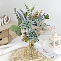 Dahlia Rose Green Wavy Sage Assorted Turquoise Artificial Flower Lavender Bouquet Faux Silk Home Wedding Room Table Vase Decor