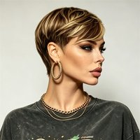 Pixie Cut Real Human Hair Wig Full Machine Brown Blonde Highlight Soft Comfort Short Wig For Black Girls Daily Street Style