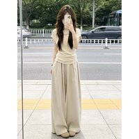 Summer Fashion Women's Short Sleeve T-Shirt And High Waist Wide Leg Pants Two Piece Set Sweet Style Regular Fit Polyester Cot...