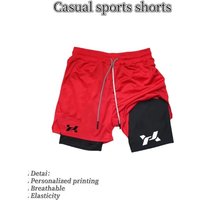 Men's double-layer sports shorts with drawstrings, tight-fitting design, can hold a phone and hang a towel