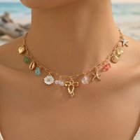 Summer Beach Vacation Bow Charm Necklace Paperclip Chain Alloy Y2K Choker for Women Holiday Party